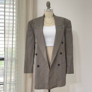 Yves Saint Laurent Vintage Gray Plaid Double Breasted Wool Blazer Jacket